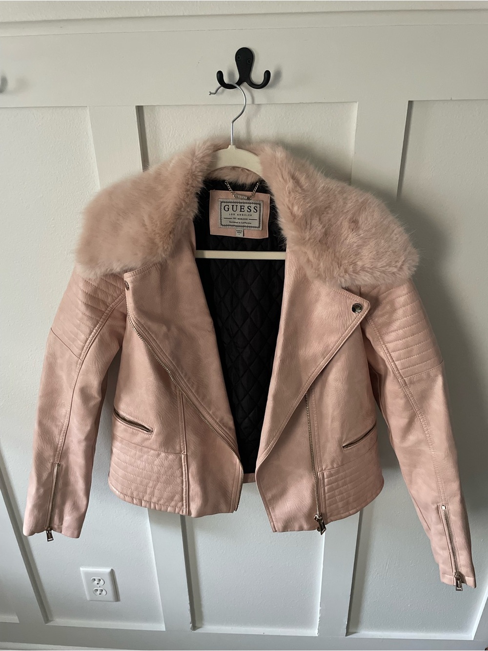 GUESS Blush Pink Faux Fur Collar Moto Jacket